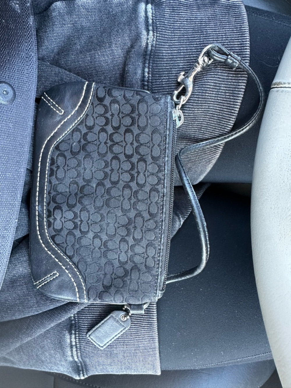 Vintage Coach Black Signature Wristlet with Leather Trim